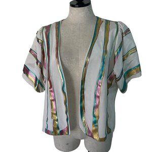 Terry Toni Vintage Womens Jacket Size Medium White Hand Painted Short Sleeve